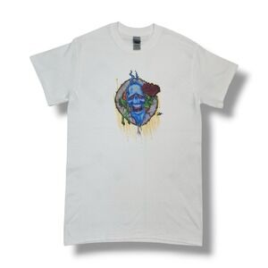 Custom Airbrushed Blue Skull & Rose White‎ Gildan T-Shirt Men's S